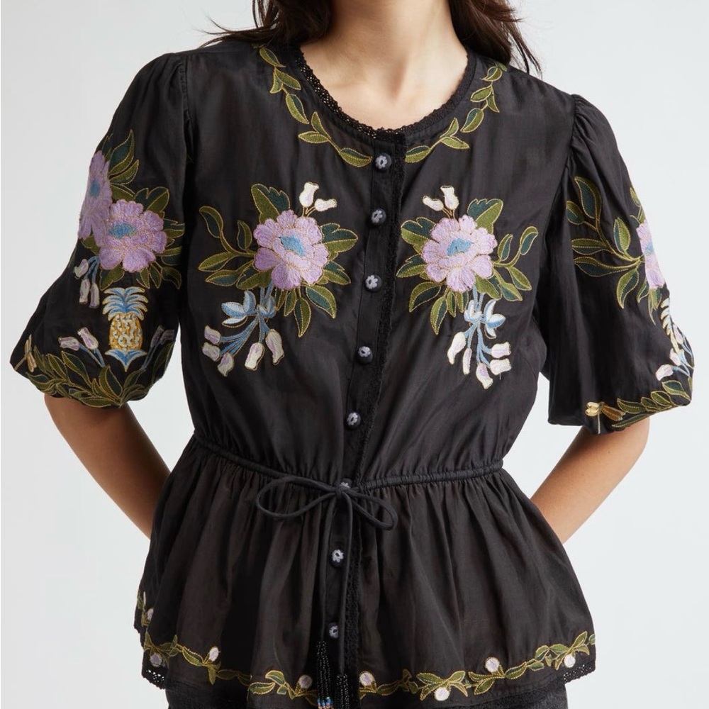 FARM Rio Floral Embroidered Button-Up Top